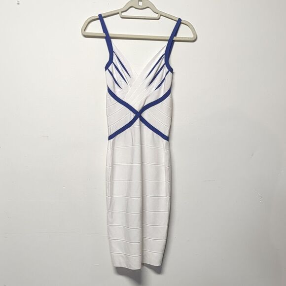 Herve Leger White Blue Bandage Dress Thin Straps, V Neck, Size XS - Picture 1 of 14